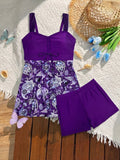 Vintage Black Flower Print Skirt Bikini Set 2026 Front Bow Crop Top Bathing Suit Swimwear Women's High Waist Swimsuit Tankini