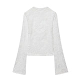 Women's Fashion Casual Lace Patchwork Hollow Bell Sleeve Blouse Women Pack Lace Sleeve Tops Black White Sheer Mesh Casual DOS5