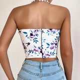 Summer Women Floral Y2K Crop Tops Printed Sleeveless Fishbone Corset Woman Sexy Backless Slim Strapless Streetwear Camisole