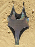 Sexy Glitter Solid Silver Backless Swimsuit One Piece Bikini Thong Swimwear Bodysuits Women Biquini Bathing Suits Tankini
