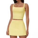 2 Piece Yoga Skirt Set Women Outdoor Neck Hanging Sports Vest High Waist Pleate A Line Skorts Fitness Suit Gym Workout Clothes