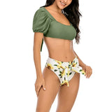 2026 Sexy Bikini Women Push Up Swimwear Swimsuit Leaf Sunflower Print High Waist Bowknot Bubble Sleeves Bikinis Set Bathing Suit