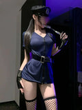 Sexy Cosplay Policewoman Midnight Uniform SM Zipper Bodysuits Solid Color Deep V Short Sleeved Wrap Hip Bodysuits Charming K0JQ