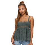 Women's Solid Color Babydoll Tank Tops Summer Stylish Lace Trim Loose Hem Square Neck Spaghetti Strap Sleeveless Camisoles