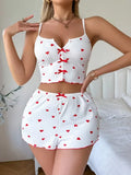 Summer Women Sleepwear Heart Pattern Printed Pajama Set,Casual Knit Fabric Crop Tops and Shorts Loungewear Home Clothes