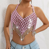 Vest Pink Rhinestone Crystal Chain Halter Crop Top For Women Sparkly Mesh Bralette With Star Tassel Fringe Sexy Party Clubwear