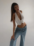 Elegant Halter Neck Backless White Tank Tops Women 2026 Summer Sexy Off Shoulder Buttons Crop Top High Street Lady Solid Vests