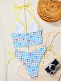 Y2k Style Women's Cherry Print Swimsuit Bow Decor Cute Swimwear Sexy V Neck Backless Lace-up Bathing Suit Beachwear Holiday Look