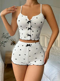 Heart Print Pajama Set for Women Sleepwear Soft Ribbed Fabric Casual Cami Tops and Shorts Pijamas Sets Loungewear
