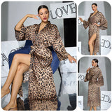 Sexy Leopard Print Satin Long Robe Women Flare Sleeve Tie Waist High Slit Loungewear Outerwear