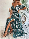 New Summer Women Print Dress 2025 Fashion Elegant  Vacation Party Short Sleeve Slim V-neck Slit Long Dresses Vestidos Para Mujer