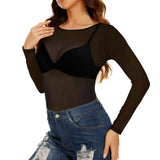 Sexy Women T Shirt See Through Transparent Mesh Tees Long Sleeve Sheer Slim Ladies Solid Round Neck Skinny T-Shirt Lace Crop Top