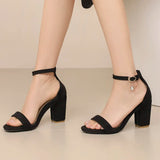 Beige Suede Ankle Strap Block Heel Sandals for Women, Round Open Toe with Rhinestone Accent, Multiple Colors Available