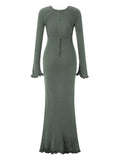 Women's Autumn Winter Knitted Bodycon Dress Long Sleeve Tie Backless Round Neck Solid Color Ruffle Trim Long Dress Beachwear