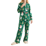 Women's 2025 Christmas Pajama Set Long Sleeve Lapel Santa Claus Christmas Tree Print Shirt Pants Two Pieces Sleepwear