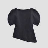 Women's Fashion Casual Short Sleeve Top Women Solid Black Boat Neck Puff Sleeve Hem Top Slim Fit Casual Blouse For Party 0PX4