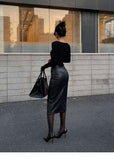 Sexy One Step Split PU Leather Half Skirt For Women's New High Waisted Slim Streetwear Black PU Fashion Womne Mini Dress  YTM8