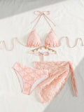 DEKA Pink Bikini Set Women Sexy 3-Piece Swimsuit Metal Chain Satin Female Swimwear New Fashion Korean Bathing Beachwear Holiday