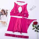 Toucheart 5-Pieces Erotic Lingerie Sexy Hip Skirt For Women Mesh Patchwork Hollow Out See-Through Lure Garters Underwear Suit
