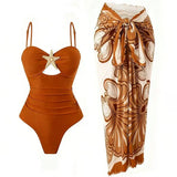 Vintage Orange Floral Print Skirt Swimwear Sets Women Starfish Hollow Out Tummy Control Bathing Suit Holiday One Piece Swimsuit