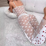 2 Pcs/Set Women Vest Pants Suit Homewear Sleepwear Outfit Bow Heart Print Sleeveless Shirring Edge Top Mesh Patchwork Trousers
