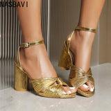 NASBAVI Straps Women's Sandals Summer Shoes Luxury Peep Toe Flip Flops Round High Heels Gold Party Dance Wedding Shoes Ladies