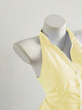 Summer Casual Shirt Women's Blue Striped Halter Top V Neck Button Down Sleeveless Slim Fit Blouse 2026 Y2K Style Streetwear