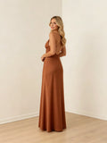 Summer Women's Satin Long Dress Spaghetti Strap Sleeveless V Neck Cutout Slim Fit Elegant Dress for Party Evening Solid Color