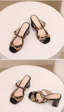 Fashion Leopard Print Square Heel Slippers Summer New Square Toe Metal Buckle Non-slip Wear-resistant Kitten Heel Shoes