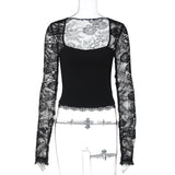 FDYOUI 2026 New Lace Patchwork Long Sleeve T-shirts for Women Square Collar See-through Slim Crop Tops White Black Tee Shirt