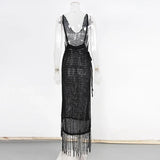 Sexy Fringe Tassel Knitted Crochet Tunic Beach Cover Up Women Long Dresses Cover-ups Beach Dress Beach Wear Beachwear Female