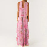 Women Summer Casual Tube Dress Fashion Solid Color/Floral Print High Low Ruffles Long Dresses with Scarf