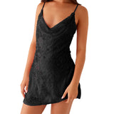 Women Summer Fashion Sleeveless Swing Collar Back Bandage Mini Dresses Flower Sequins Beaded Embroidery Cowl Neck Cami Dress