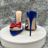 blue patent leather Pointy Toe  Sandals With  Bow Women Summer Casual Thin High Heel Shoes Female Outfit Evening Cross Strap Mul