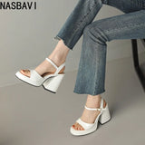NASBAVI Women Patent Leather Sandals Super Chunky High Heeled Ankle Buckle Shoes Platform Summer Thick Heel Sandal Ladies 35-43