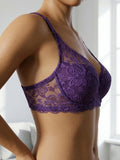 French Women's Lace Trim Push Up Bra Sexy Mesh Underwire Underwear Comfy Thin Padding Floral Lace Lingerie Bra