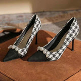 Fashion Pearls Decoration High Heels Shoes Women Plaid Thin Heels Party Pumps for Woman Spring Autumn Pointed Toe Pumps Female