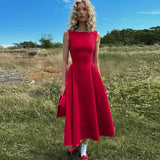 Chic Elegant O-neck Sleeveless Backless A-line Long Dresses Red Black 2026 Summer High Waist Tunics Zip-up Party Evening Dress
