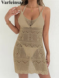 Crochet Knitted Hollow Out Halter Mini Dress Tunic Beach Cover Up Cover-ups Beach Dress Beach Wear Beachwear Female Women V8210
