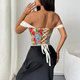 Retro Red Floral Print Corset Tank Top Sexy Back Criss Cross Bandage Bustier Lace Trim Night Club Party Slim Fishbone Camisole