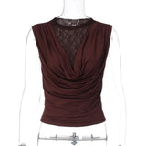 FDYOUI Elegant Lace Patchwork Tank Tops 2026 Summer See-through Sleeveless T-shirt Ladies Folds Slim Corset Crop Top High Street