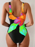 Vintage Black Big Floral Print One Piece Swimsuit 2026 Women U Neck Slim Tummy Control Swimwear Holiday Bathing Suit Monokini
