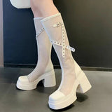 2025 Summer Fashion Breathable Mesh Boots for Women Party Platform Zipper Mid-Calf Boots Woman Solid Buckle Strap Shoes Ladies