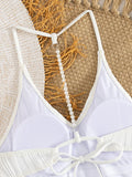 Pearls Wrinkled V Neck Thong Women Swimwear One Piece Swimsuit Female Backless Monokini High Cut Bathing Suit Swim Beach wear