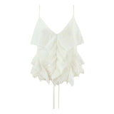 Women's Ruffled Lace Trim Loose Pants For Woman White Ruffled Embroidery Camisole Straps Button Front For Sweet Summer Look WM6E