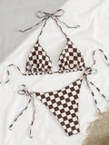 Sexy Pink Plaid Micro Bikini 2026 Women Halter Push Up Bra Tie Side Thong Swimsuit Brazilian Beach Bathing Suit Swimwear Biquini
