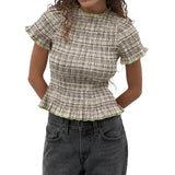 Women Casual Summer Plaid Print Shirred Tops Slim Mock Neck Short Sleeve Crop Ruffle T-shirts Streetwear