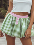 Women's Summer Mini Skirts Elastic Band Bubble Plaid Print Skirt for Daily, Travel, Parties