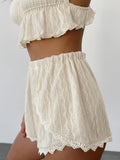 Women 2 Piece Pajama Set Lace Trim Camisole Shorts Textured Hollow Out Summer Sleepwear Lightweight Home Loungewear