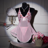 Pink Transparent Ultra Thin Hot Nightgown Women's Pajamas With Thongs Lace Mesh Dress For Sex V-Neck Backless Sexy Lingerie